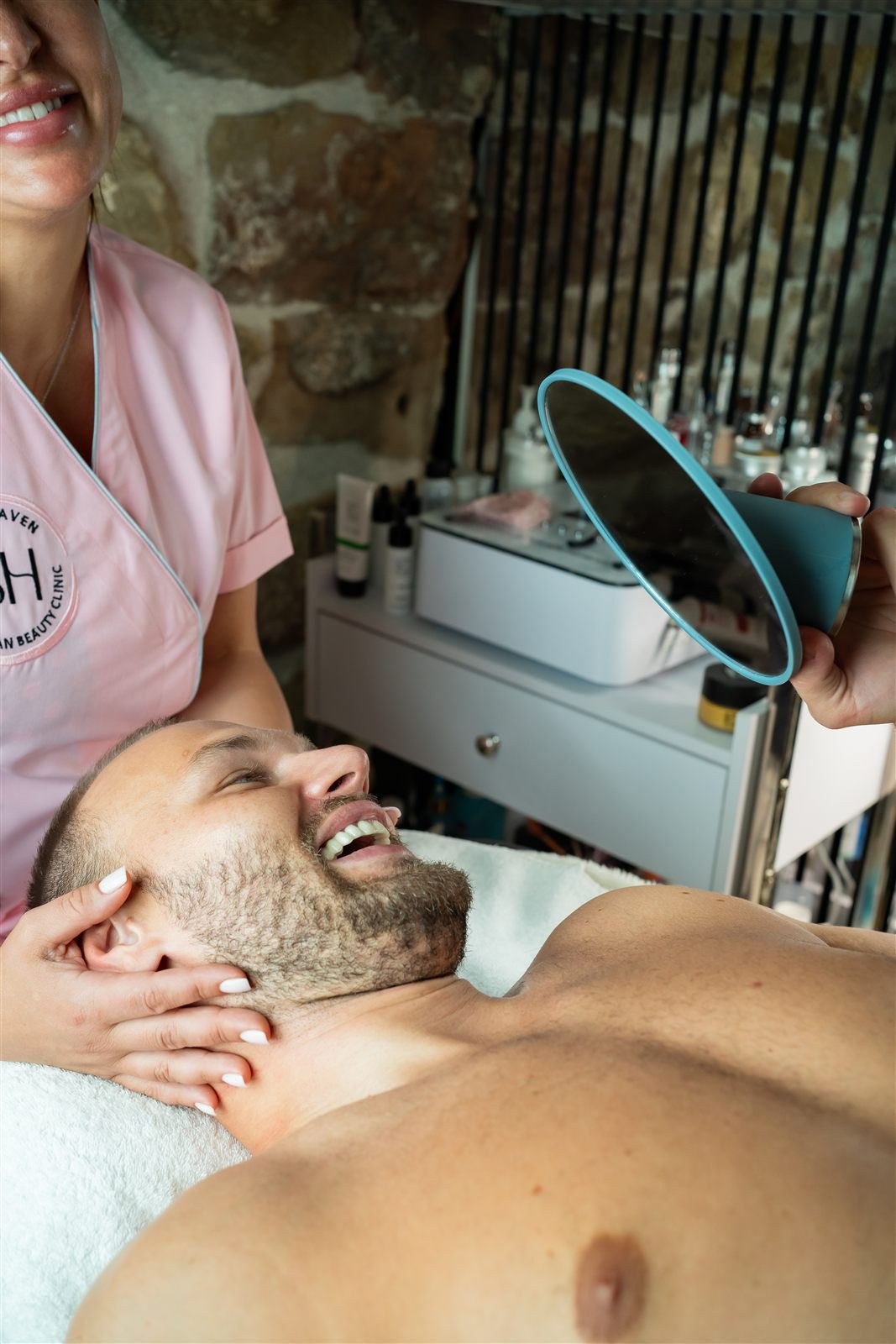 Male client reclining after facial care at Korean Skin Heaven